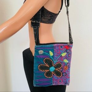 Messenger Crossbody Cotton Bag Nepal Handmade Appliqué Floral Bohemian Designer